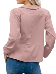 Back view detail of women pink stylish blazer jacket showing collar design and seam structure.