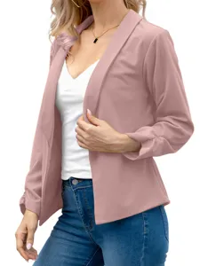 Women casual lapel open front blazer jacket detail view, elegant autumn fashion outerwear.