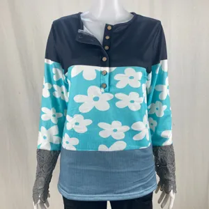Women's long sleeve floral print t-shirt casual slim fit button round neck top with lace cuffs