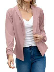 Stylish pink open-front blazer with notched lapel, perfect for autumn casual office wear.