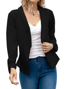 Close-up detail of the black women blazer, showing lapel collar, long sleeves and open front.