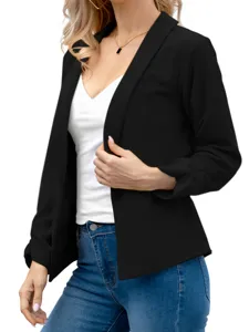 Detailed view of the elegant black women's blazer featuring a chic lapel and long sleeves.