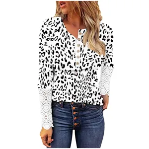 Leopard Print Henley Long Sleeve T-Shirt for Women Slim Ribbed Knit Top with Lace Cuffs