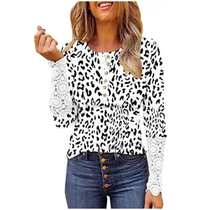 Women casual leopard print long sleeve top button Henley shirt with elegant lace splicing.