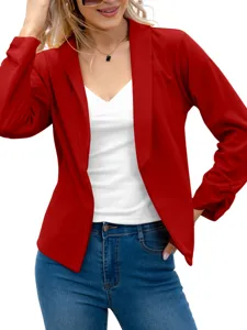 Women red lapel long sleeve blazer casual autumn fashion coat open front suit jacket