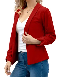 Red blazer detail shot featuring lapel collar and casual open front design for modern daily wear.