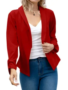 Close-up view of the stylish red blazer jacket showing lapel collar and long sleeves.
