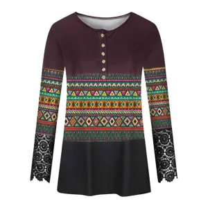 Women's Long Sleeve Henley T-Shirt Ethnic Print Patchwork Lace Cuffs Casual Top.