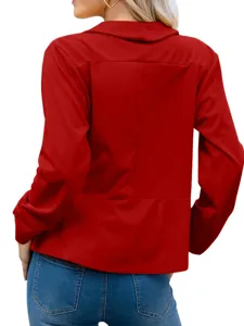 Women red double lapel blazer jacket back view, stylish autumn outerwear apparel piece.