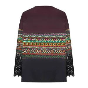 Women long sleeve geometric print lace splice t-shirt back view casual top apparel detail.