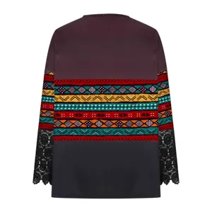 Ethnic geometric print long sleeve top with elegant black lace cuffs and ribbed texture.