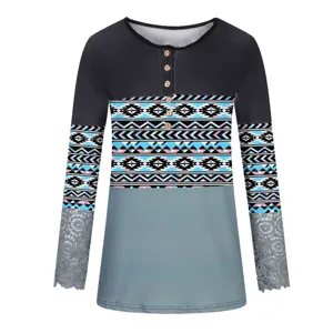 Detail view of womens long sleeve henley t-shirt with aztec print and lace cuff trim.