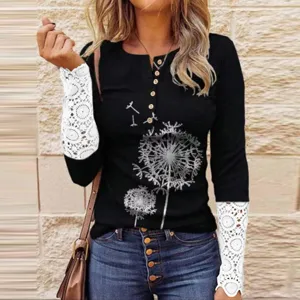 Women black long sleeve lace cuff button henley t-shirt with dandelion print casual top.