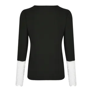 Women ribbed long sleeve t-shirt with elegant white lace cuffs, casual slim fit top.
