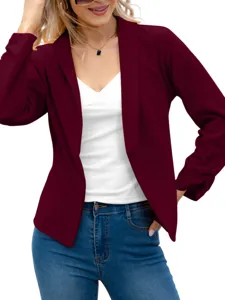 Detail view of women's casual burgundy lapel open-front blazer jacket showcasing sleek fit.