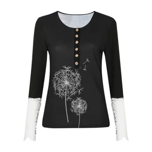 Black long sleeve ribbed T-shirt for women with white lace cuffs, round neck and dandelion print.