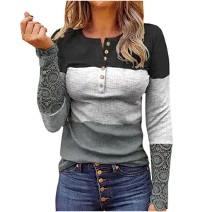 Women's long sleeve color block ribbed button crew neck top with elegant lace details.