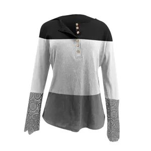 Women long sleeve ribbed t shirt casual button henley top with lace cuffs color block tee