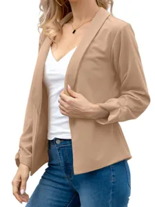 Casual khaki open front blazer detail, lapel collar long sleeve fashion jacket for women.