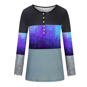 Detail view of women's long sleeve color block lace trim rib top with buttons and galaxy print.