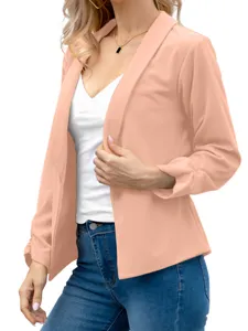 Detail view of women's fashion lapel blazer coat, casual long sleeve open front design.