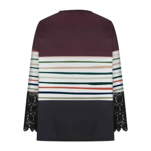 Detailed view of women long sleeve stripe lace splicing round neck top casual wear