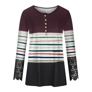 Detailed view of women long sleeve colorblock striped t-shirt with lace cuffs and buttons.