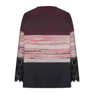 Back detail view of women's long sleeve ribbed t-shirt featuring contrast striped pattern.