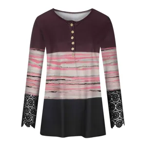 Women lace long sleeve rib top, round neck button detail, colorblock print casual pullover.