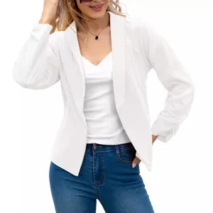Women's casual white blazer open front long sleeve lapel suit jacket for autumn fashion wear.