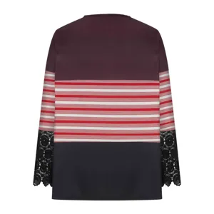 Women color-block long sleeve round neck t-shirt featuring stylish black lace cuffs.