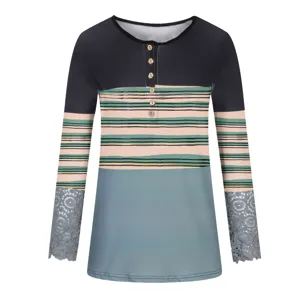 Women's long sleeve ribbed T-shirt casual Henley top with buttons and cute lace cuffs