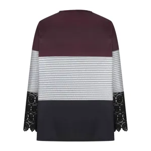 Women long sleeve ribbed top color block lace cuff crewneck casual pullover t-shirt