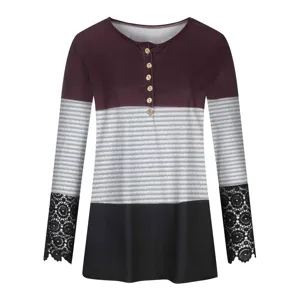 Long sleeve ribbed slim fit crew neck button women t-shirt with lace cuffs and color block.