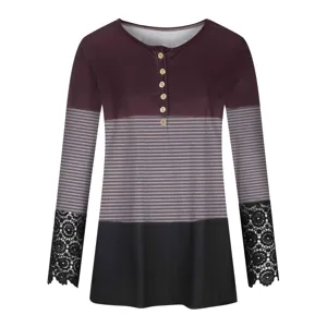 Women long sleeve henley t-shirt featuring color block stripe and black lace cuffs with ribbed texture.