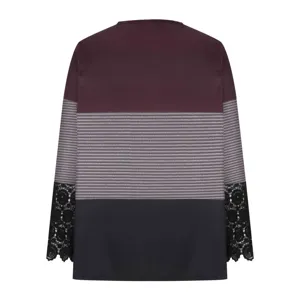 Women long sleeve colorblock t-shirt with lace cuffs casual ribbed round neck top.