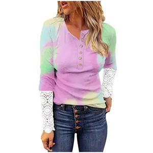 Women lace long sleeve ribbed slim fit round neck button tie dye pullover casual t-shirt top