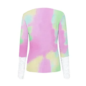 Women long sleeve tie dye t shirt casual ribbed lace cuff crew neck top apparel fashion cloth