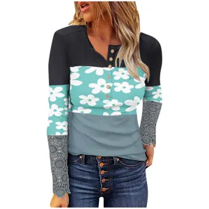 Fashion color block long sleeve henley top with floral print and lace cuffs for women.