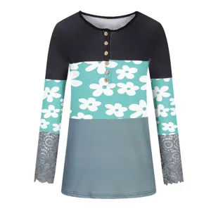 Women's long sleeve color block floral lace trim henley t-shirt casual top detail view