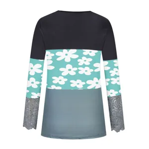 Women's color block long sleeve t-shirt with floral print and lace cuffs, casual round neck top.
