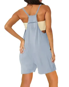 Women's light blue overall shorts romper with back zipper pocket casual streetwear