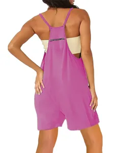 Women casual pink romper jumpsuit with zipper pocket backless spaghetti strap cute daily wear