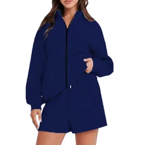 Women's Fashion Solid Color Zipper Hoodie And Shorts Top And Bottom Thick Polyester Casual Streetwear Long Sleeve Sweatshirt Two-Piece Apparel