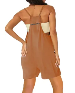 Women's casual solid color overall shorts with back zipper pocket, stylish backless design.
