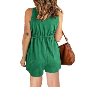 Femme été décontracté couleur unie vert sans manches combinaison short élégante chic.