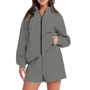Casual grey zip-up hoodie and shorts set for women, perfect for daily wear and relaxing.