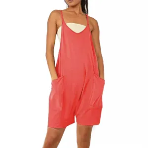 Women's casual loose sleeveless overall shorts with front pockets and thin straps summer romper.