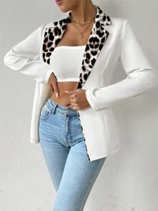 Veste de blazer blanche pour femme avec revers imprimé léopard chic élégante mode