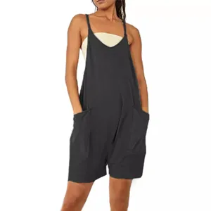 Women casual loose sleeveless romper jumpsuit with big pockets comfortable summer daily wear